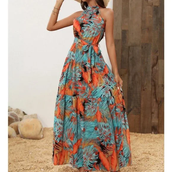 Tropical Palm Print Belted Halter Maxi Dress - Picture 5 of 8